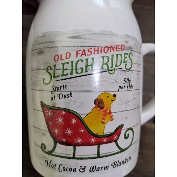 Old Fashioned Sleigh Rides Christmas Milk Jug Mug Cup Dog Sleigh Hot Cocoa New - Picture 2 of 4